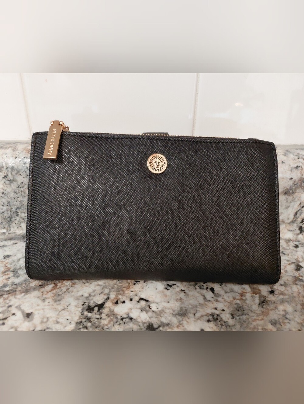 Anne Klein Black Faux Leather Zip Wallet Wristlet with Gold Logo